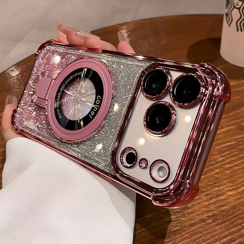 🔥🌟Glitter Shockproof Stand Phone Case - Four Corners Air Cushion Anti-fall Case for iPhone with Invisible Ring Stand