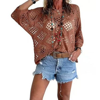 Handmade Crochet V - Neck Boho Top l Apricot Summer Essential