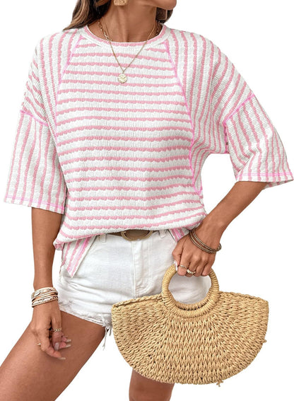 🔥🔥Womens Summer Tops Oversized Tshirts for Women Striped Color Block Short Sleeve T Shirts Crewneck Casual Tee Blouses