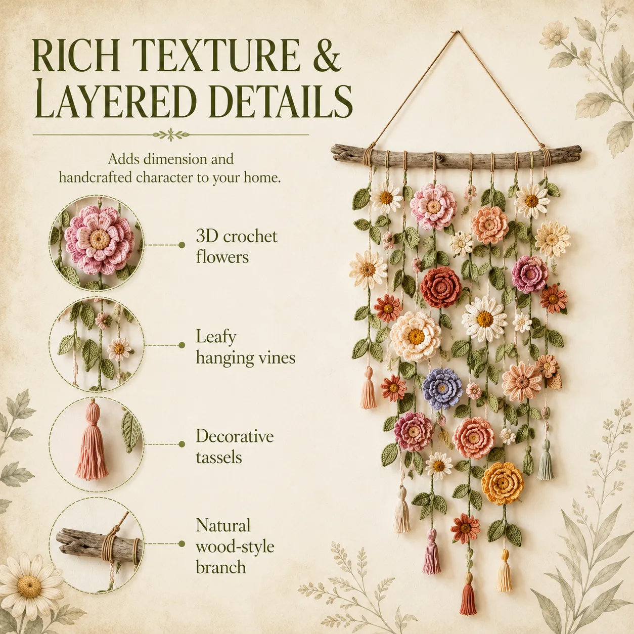 Boho Crochet Flower Wall Hanging Decor