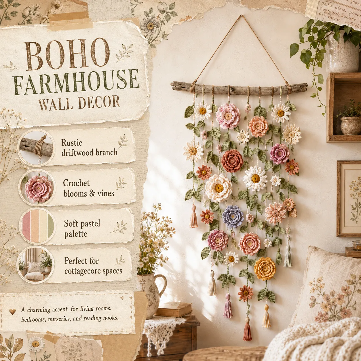 Boho Crochet Flower Wall Hanging Decor