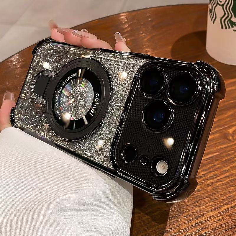 🔥🌟Glitter Shockproof Stand Phone Case - Four Corners Air Cushion Anti-fall Case for iPhone with Invisible Ring Stand