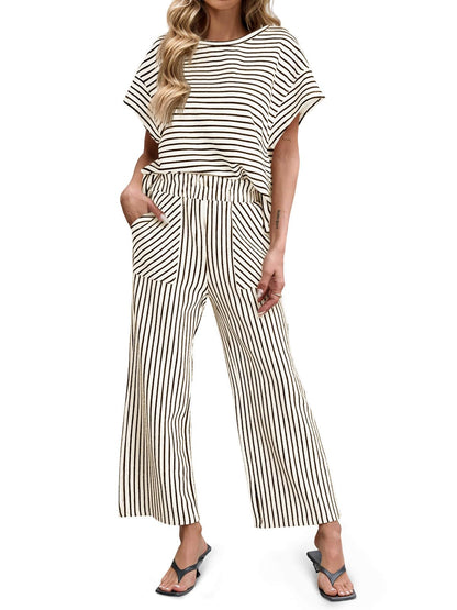 Striped Short Sleeve T-Shirts Wide Leg Pants Two Piece Set (Buy 2 Free Shipping)