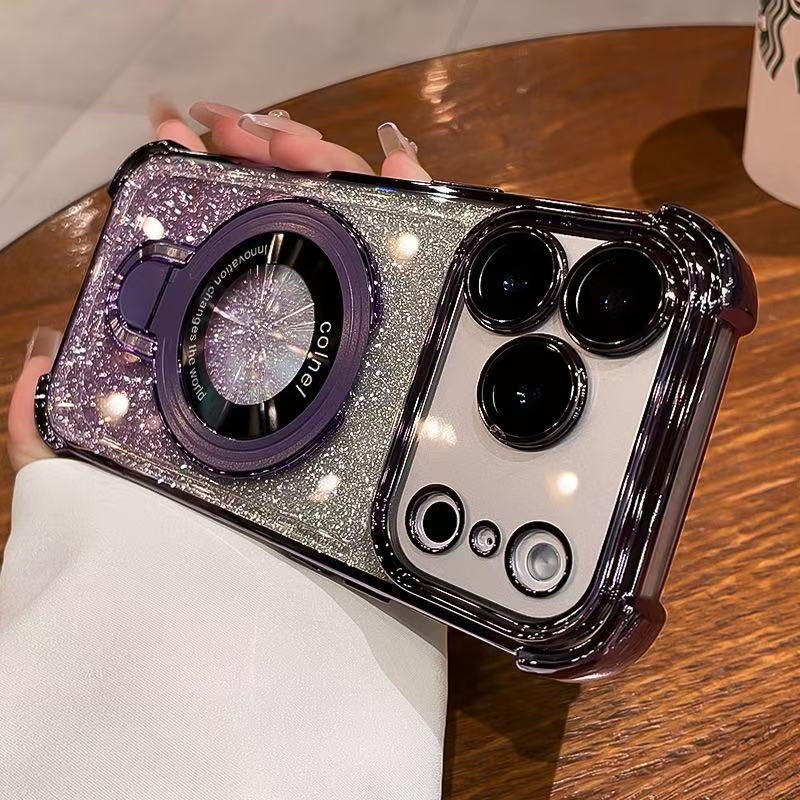 🔥🌟Glitter Shockproof Stand Phone Case - Four Corners Air Cushion Anti-fall Case for iPhone with Invisible Ring Stand