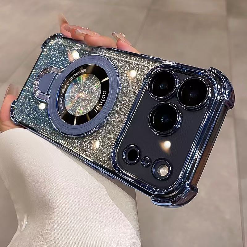 🔥🌟Glitter Shockproof Stand Phone Case - Four Corners Air Cushion Anti-fall Case for iPhone with Invisible Ring Stand