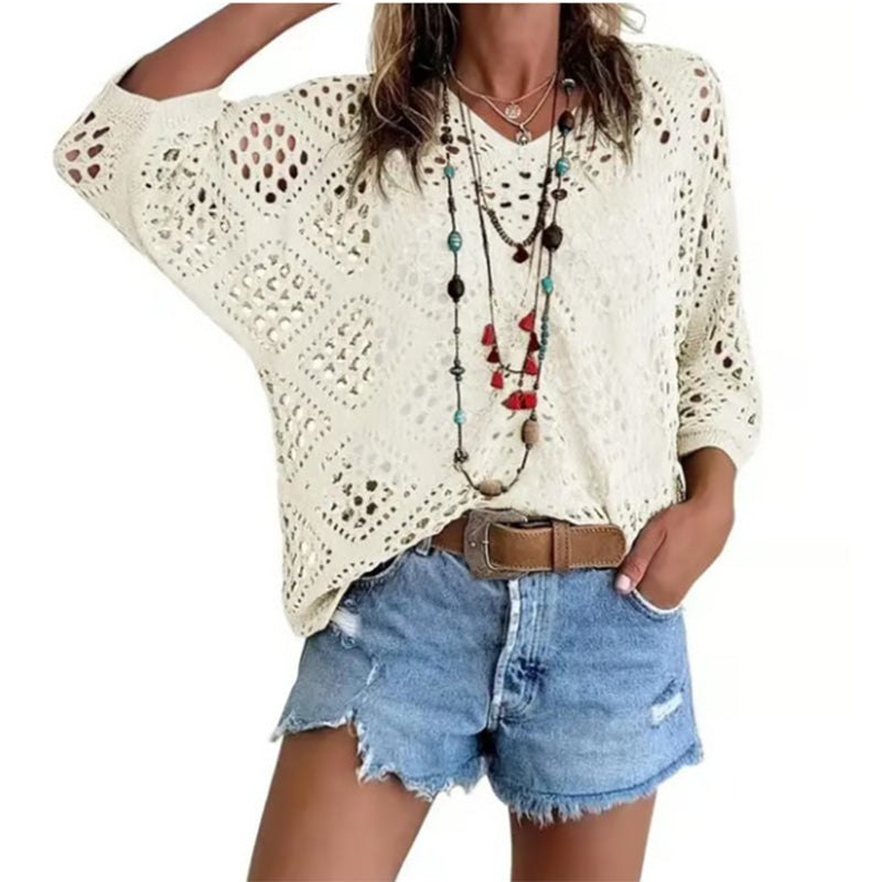 Handmade Crochet V - Neck Boho Top l Apricot Summer Essential