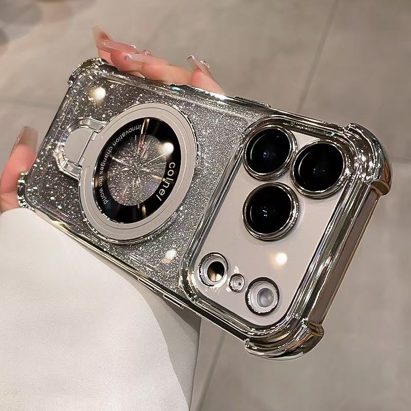 🔥🌟Glitter Shockproof Stand Phone Case - Four Corners Air Cushion Anti-fall Case for iPhone with Invisible Ring Stand