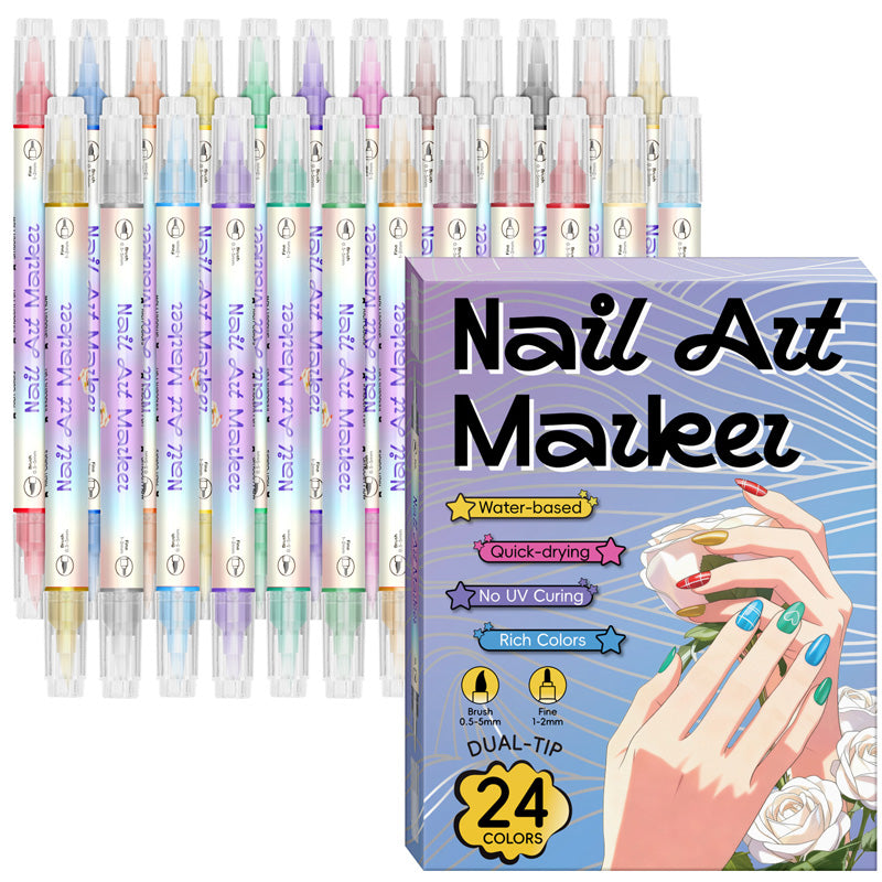 🎨Last Day 50% OFF💞50K+ SOLD!✨Dual-Tip Nail Art Marker Pen Set Quick‑dry, no UV lamp. Fine & brush tips. 12/24 vibrant colors. Easy DIY at home. No smudges, just art! 💅🖌️